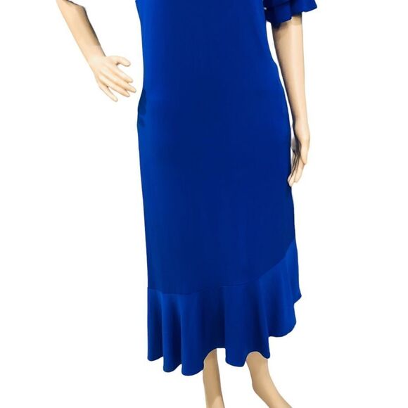 Chico’s Blue Ruffle Asymmetric  Pull On Stretching Dress Sz 0 (Reg Sz 4) - Picture 3 of 14